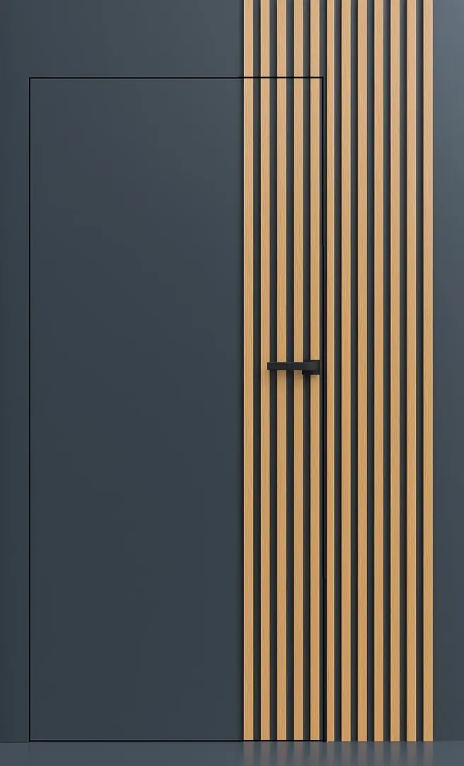 drzwi ukryte antracytowe z drewnianymi lamelami na części