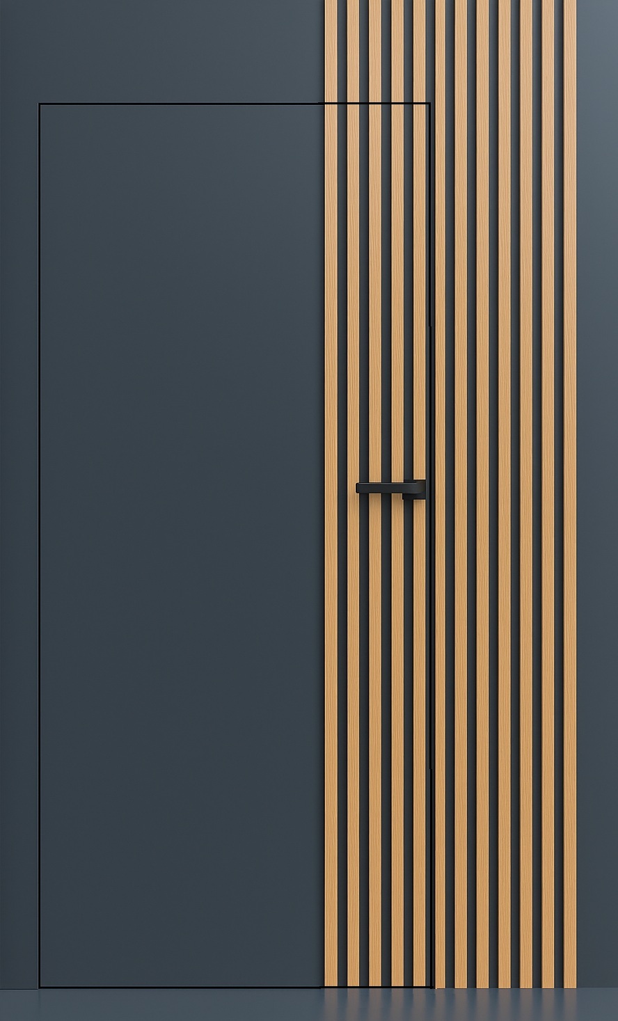 drzwi ukryte antracytowe z drewnianymi lamelami na części