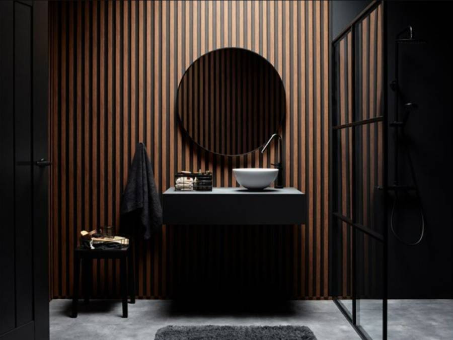 lamele ścienne drewnopodobne w łazience za lustrem styl loft
