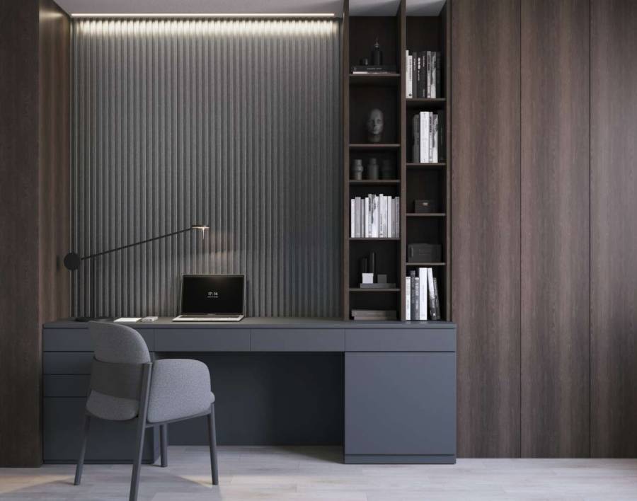szare lamele ścienne podświetlone led w gabinecie za biurkiem