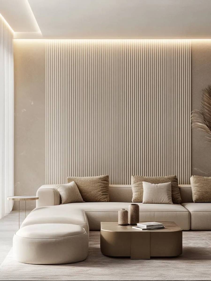 jasne lamele ścienne w salonie za sofą podświetlone led