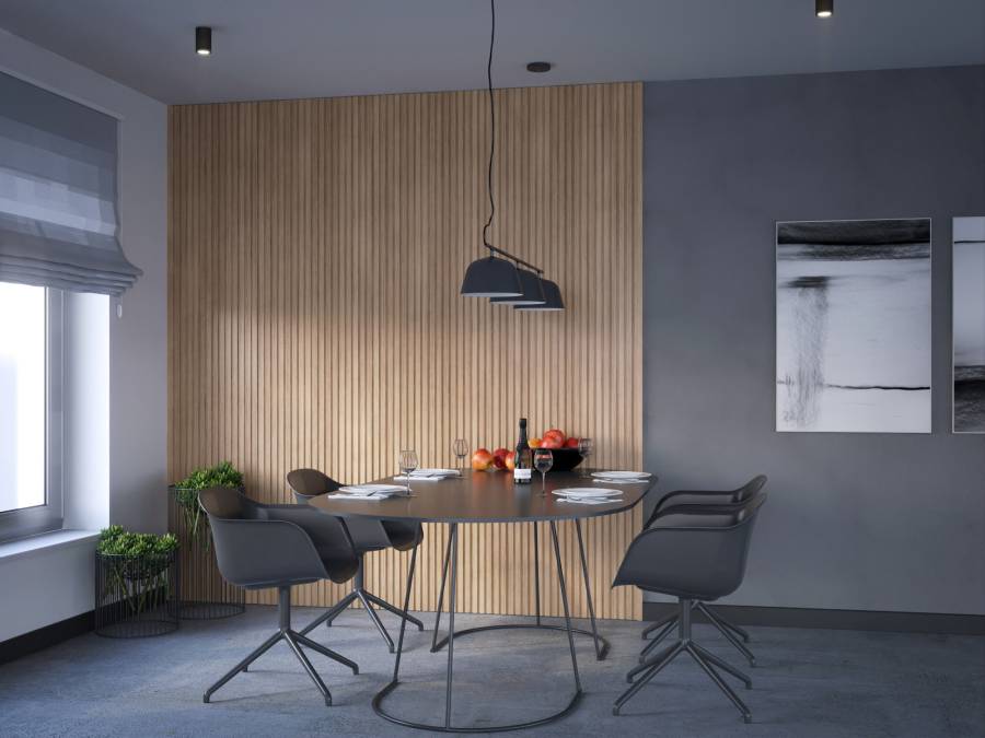 lamele w kolorze drewna na szarej ścianie w jadalni
