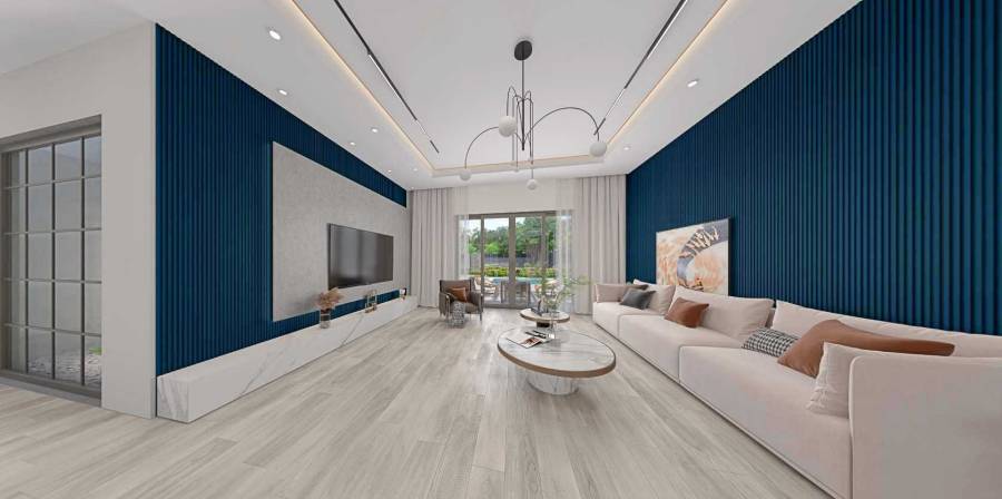 granatowe lamele ścienne royal blue w białym dużym salonie