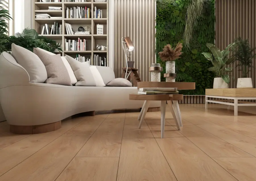 Zielona ściana w salonie z lamelami