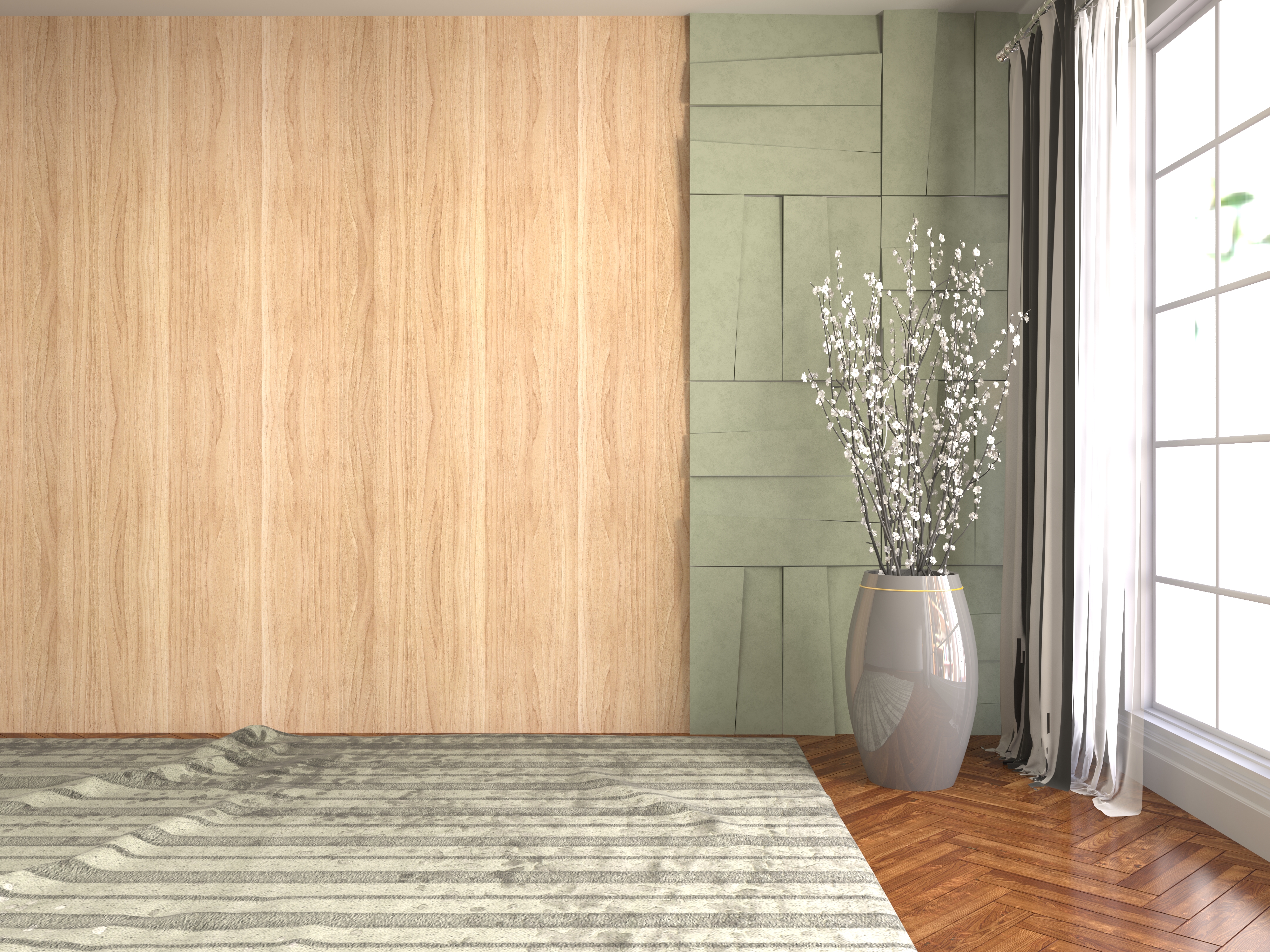 eklektyczny salon z drewnem na ścienie