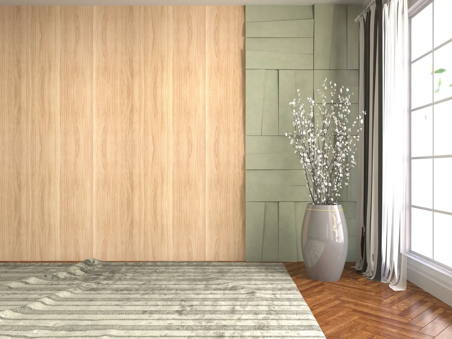 eklektyczny salon z drewnem na ścienie