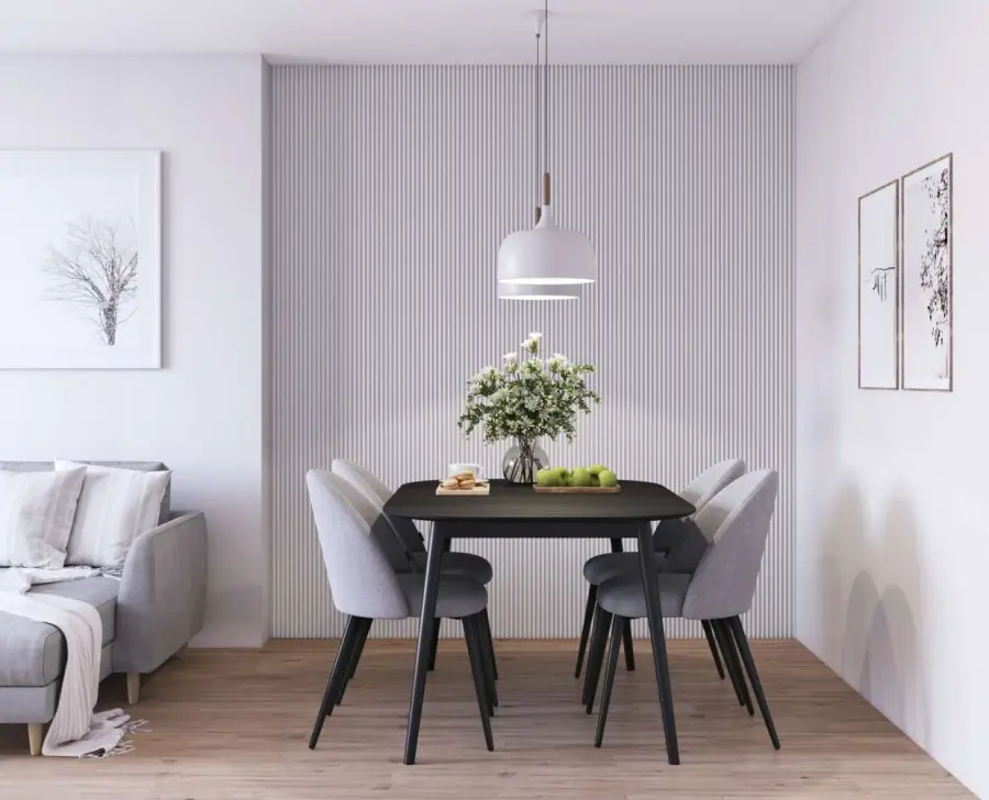 lamele na ścianie w salonie połączonym z jadalnią