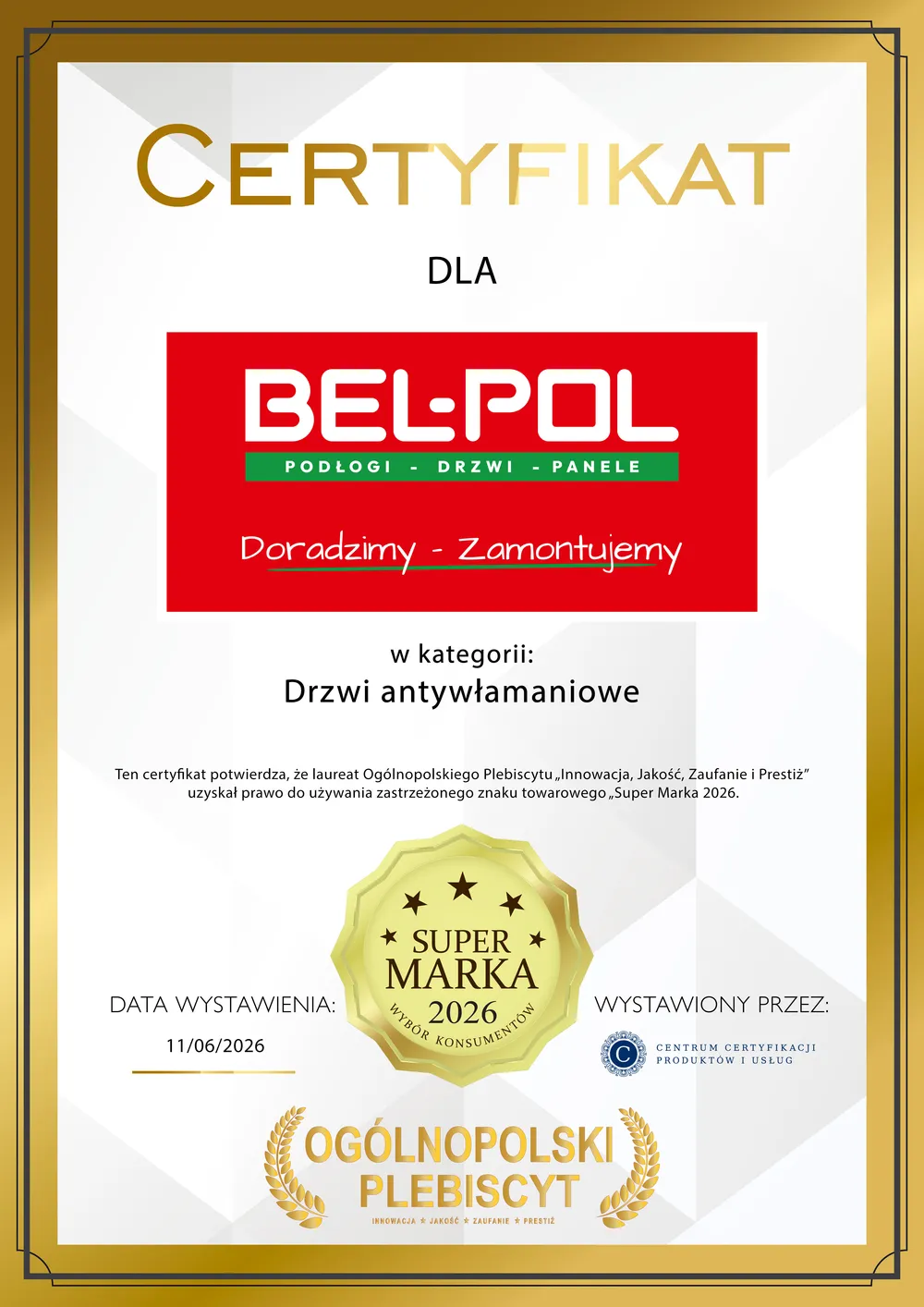 Certyfikat Super Marka 2026 dla Bel-Pol w kategorii drzwi antywłamaniowe