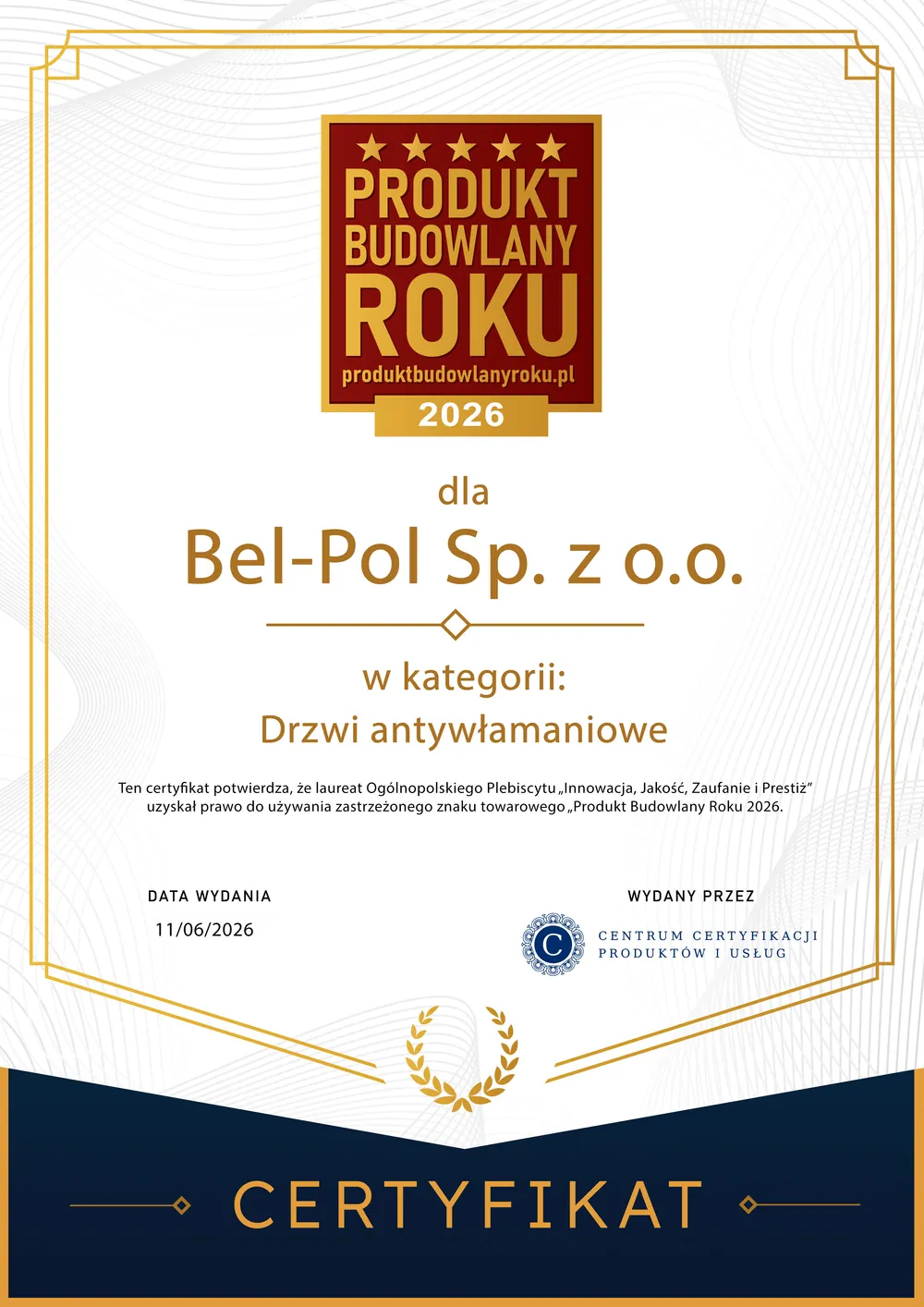 Certyfikat Produkt Budowlany Roku 2026 dla Bel-Pol w kategorii drzwi antywłamaniowe