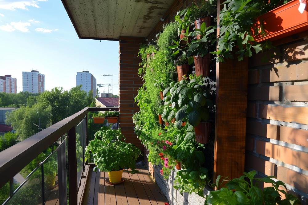 zielony balkon na wysokim piętrze w dużym mieście