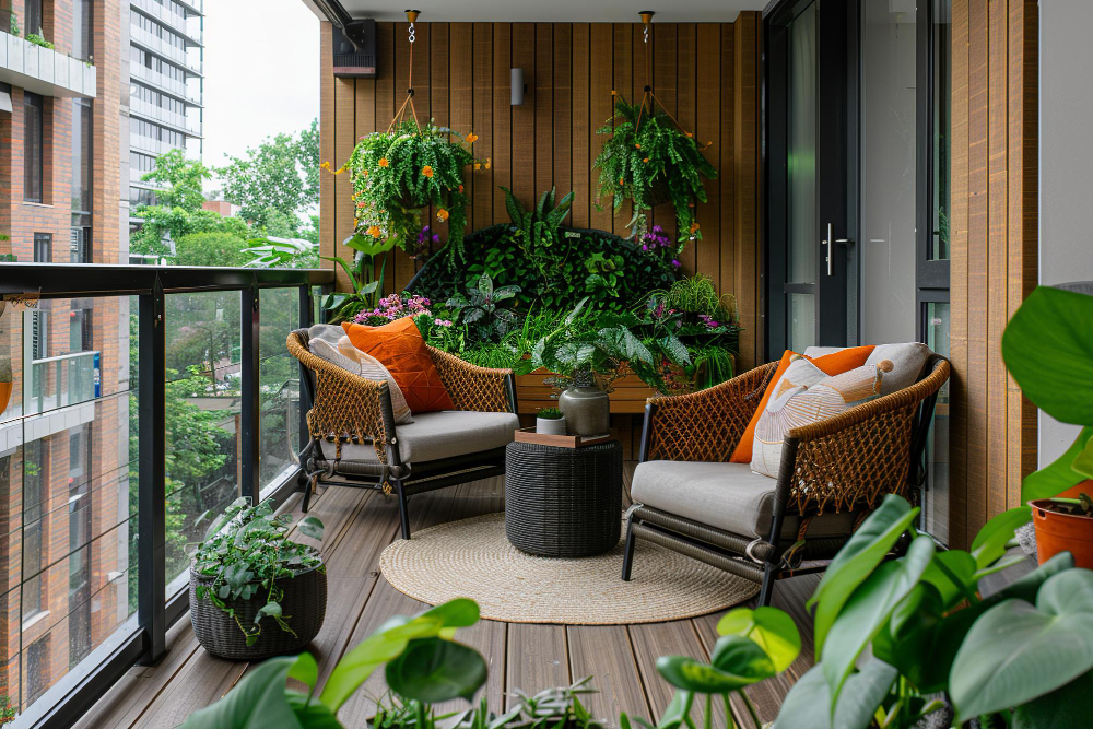 klimatyczny balkon z deską na podłodze, dużą ilością roślin oraz z kompletem wypoczynkowym