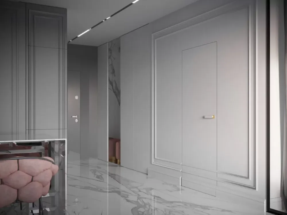 klasyczne wnętrze glamour z drzwiami ukrytymi ozdobionymi sztukaterią