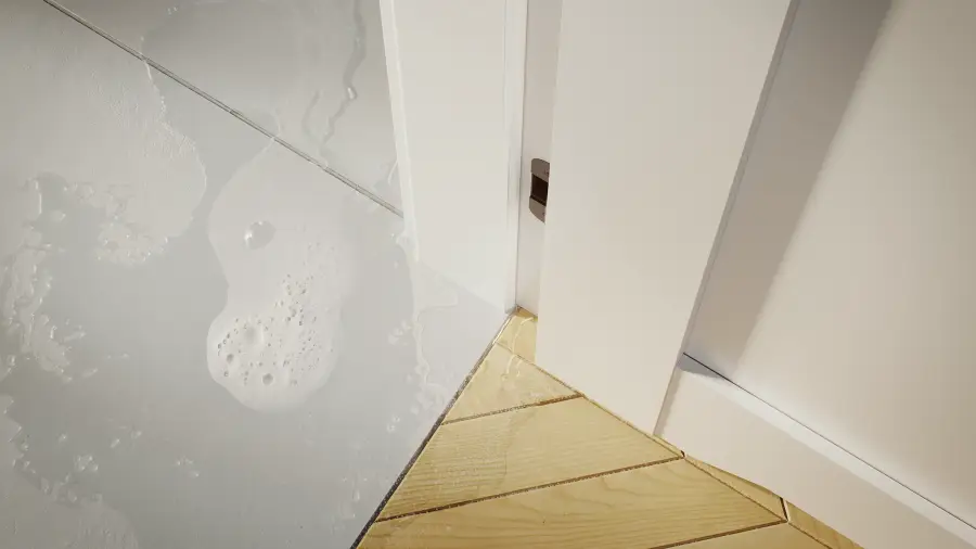 woda na podłodze przy drzwiach łazienkowych