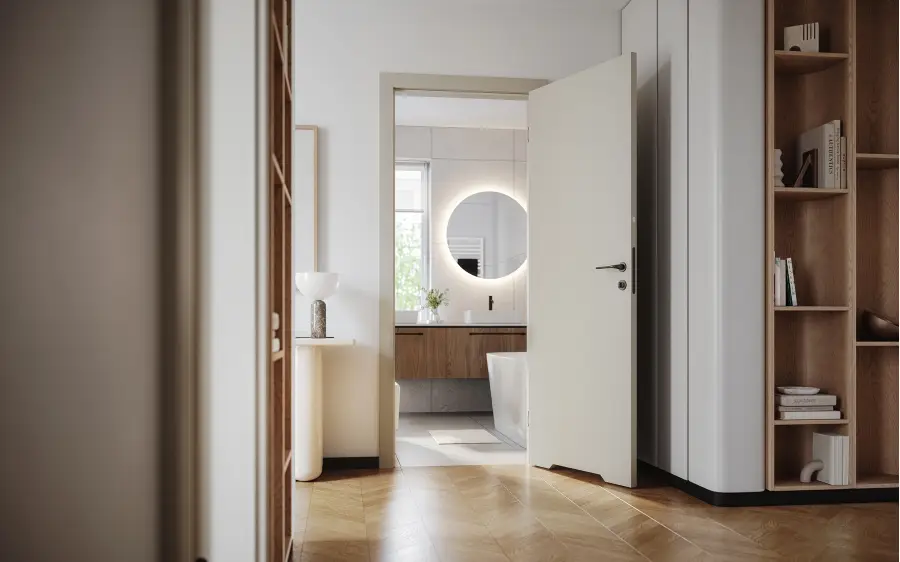 białe drzwi łazienkowe z podcięciem wentylacyjnym widok od strony przedpokoju