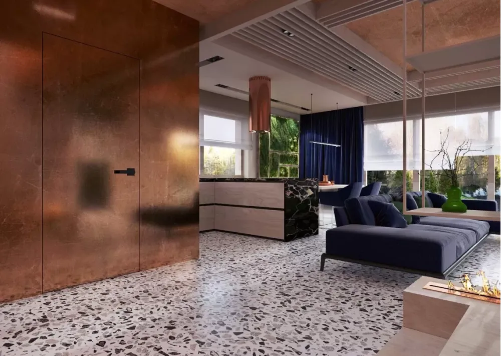 Drzwi ukryte w miedzianej okładzinie w nowoczesnym salonie