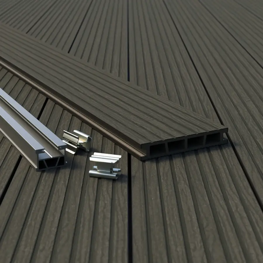 elementy potrzebne do budowy tarasu - legary, deska kompozytowa, klipsy