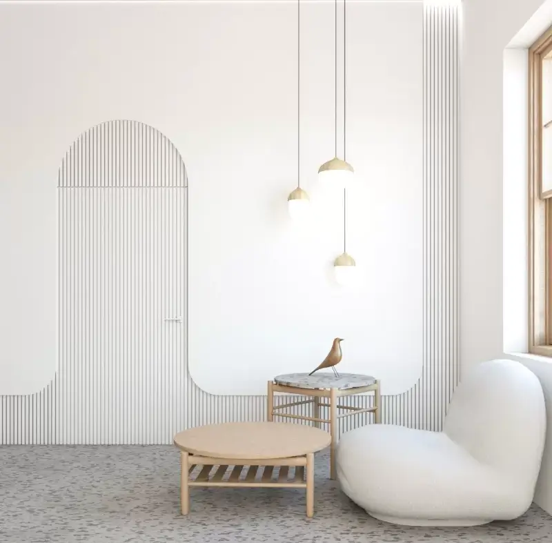 drzwi ukryte pokryte białymi lamelami w nowoczesnej aranżacji