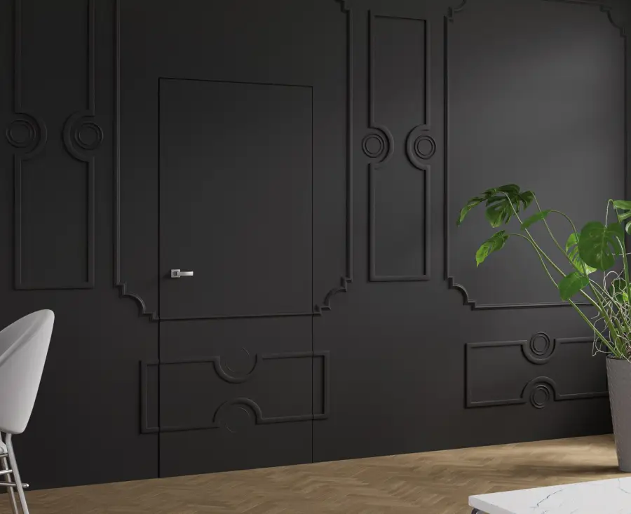 drzwi ukryte ze sztukaterią pomalowane farbą na czarno