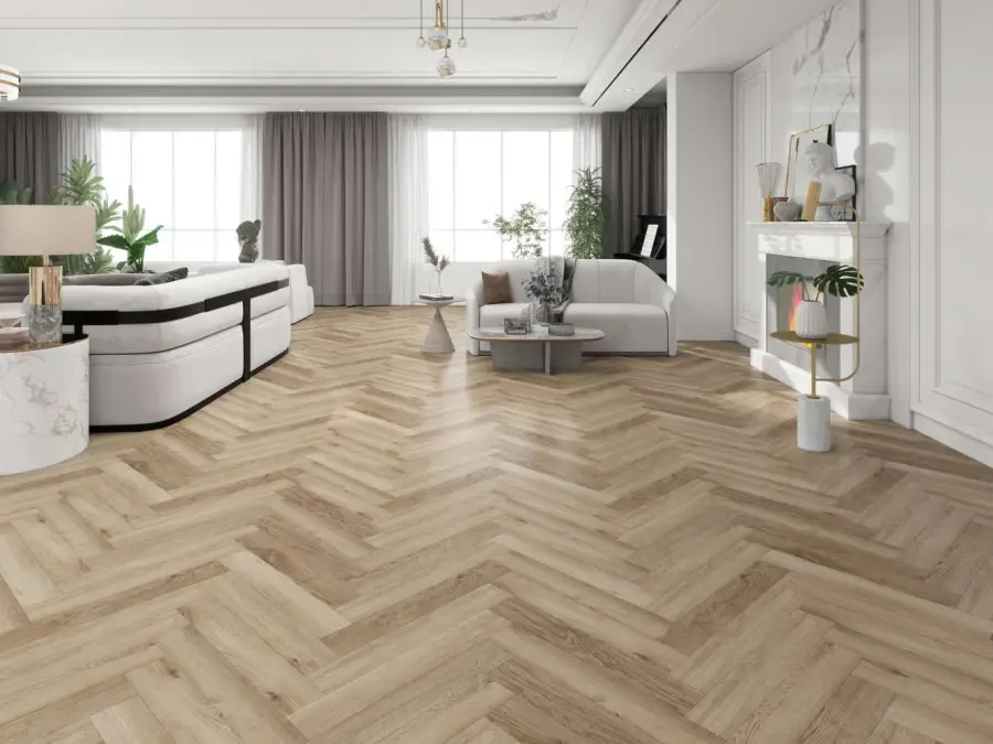 panele winylowe SPC jodełka Harmony w salonie modern classic