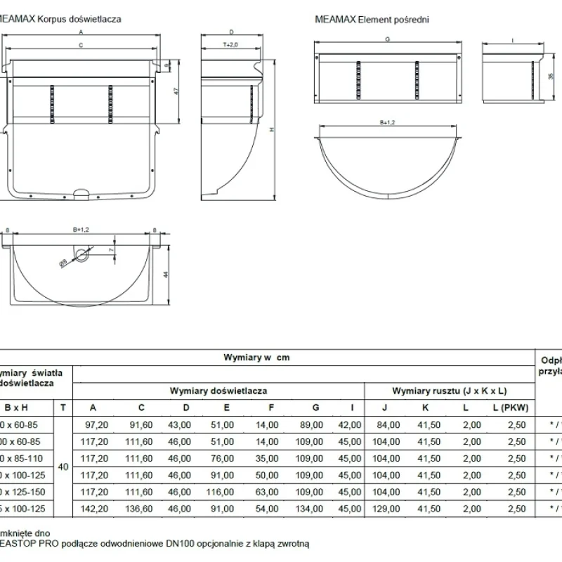 Doświetlacz piwniczny MEAMAX 125x100-125x40 z rusztem krato