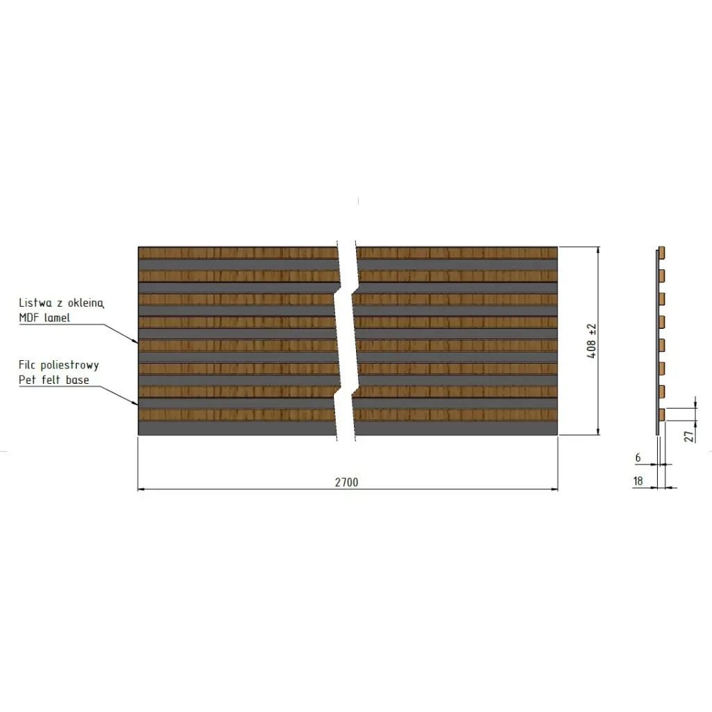 Lamele Panel lamelowy na filcu czarny mat 2700  x 408 mm, 53615642101, Lamele, Woodline, Marbet Design