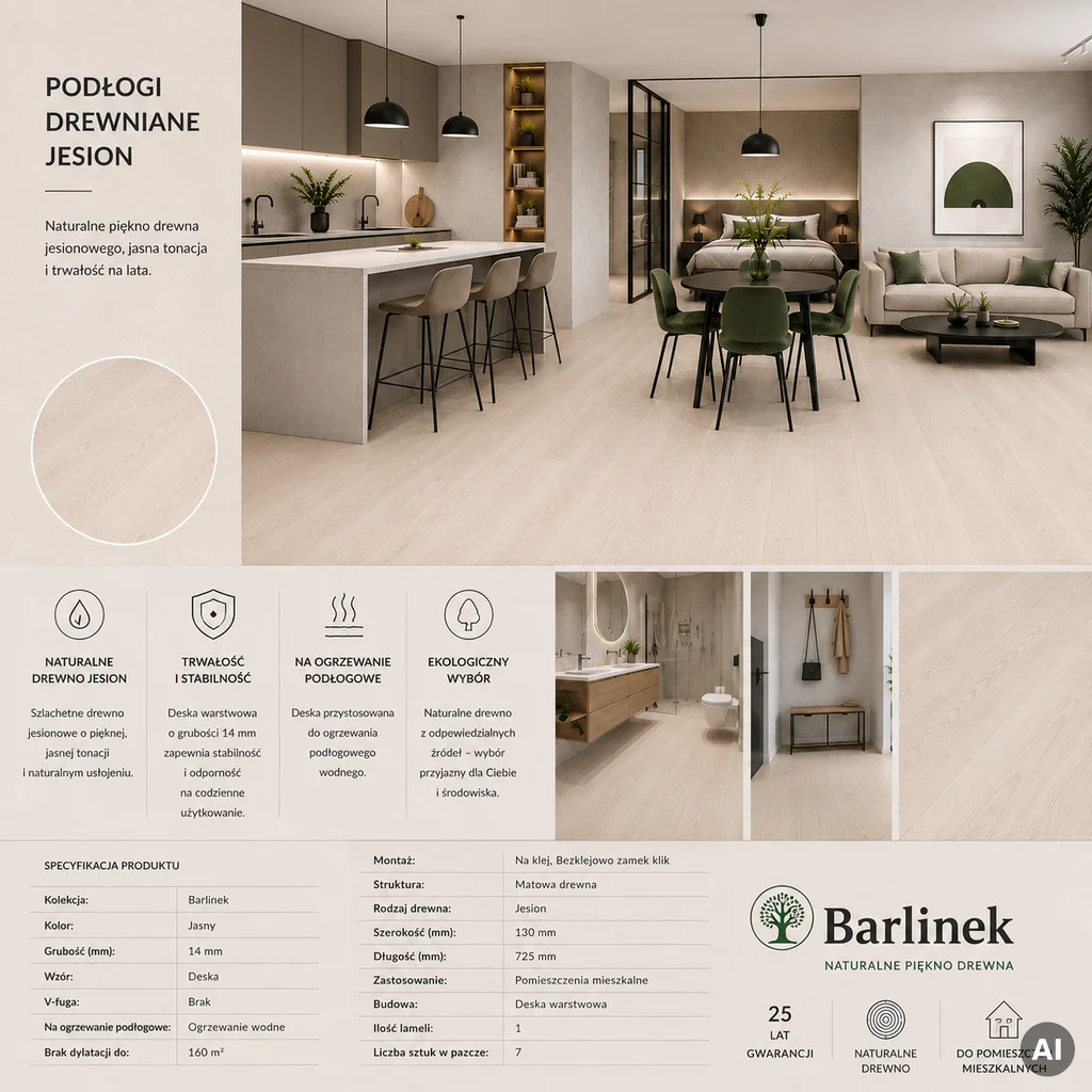 Podłoga drewniana Jesion Family 1-lamelowy Matowy 14 mm, BK8-JES1-L05-B2X-A14130-F, Podłoga drewniana, Barlinek, Barlinek