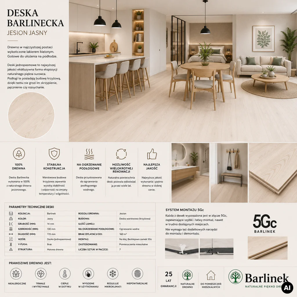 Podłoga drewniana Jesion Family 1-lamelowy Matowy 14 mm, BK8-JES1-L05-B2X-A14130-F, Podłoga drewniana, Barlinek, Barlinek