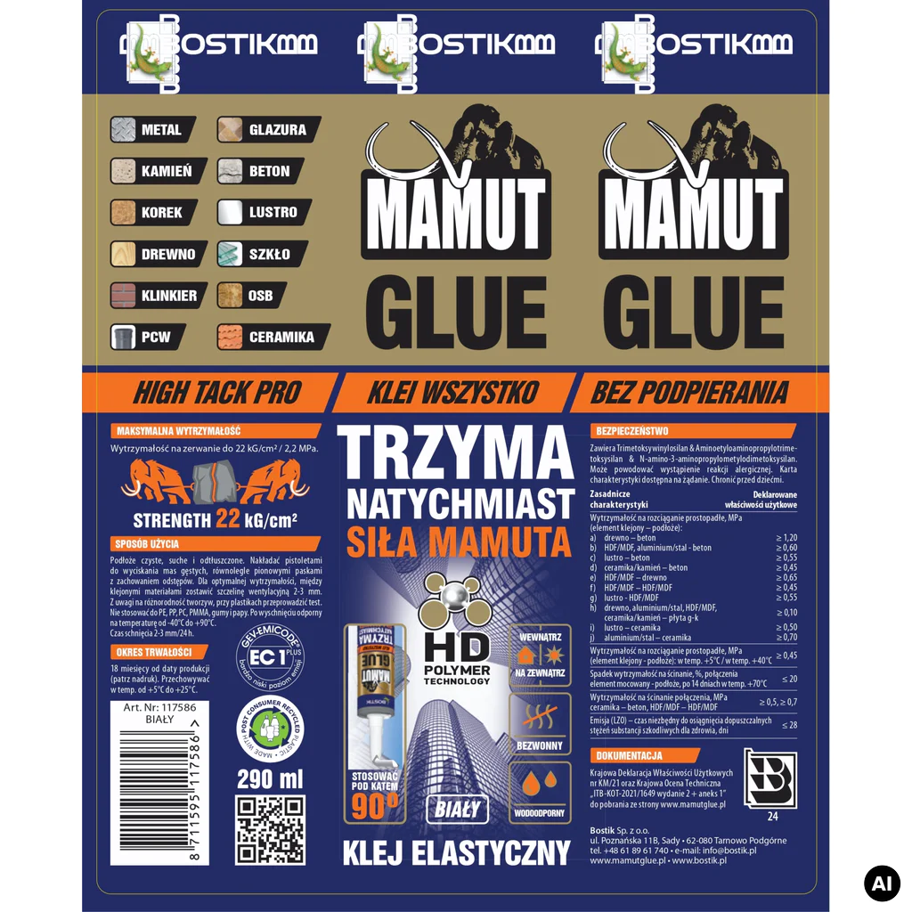Klej uniwersalny do listew Mamut Glue Biały 290ml 117586, Klej montażowy, Kleje, Bostik