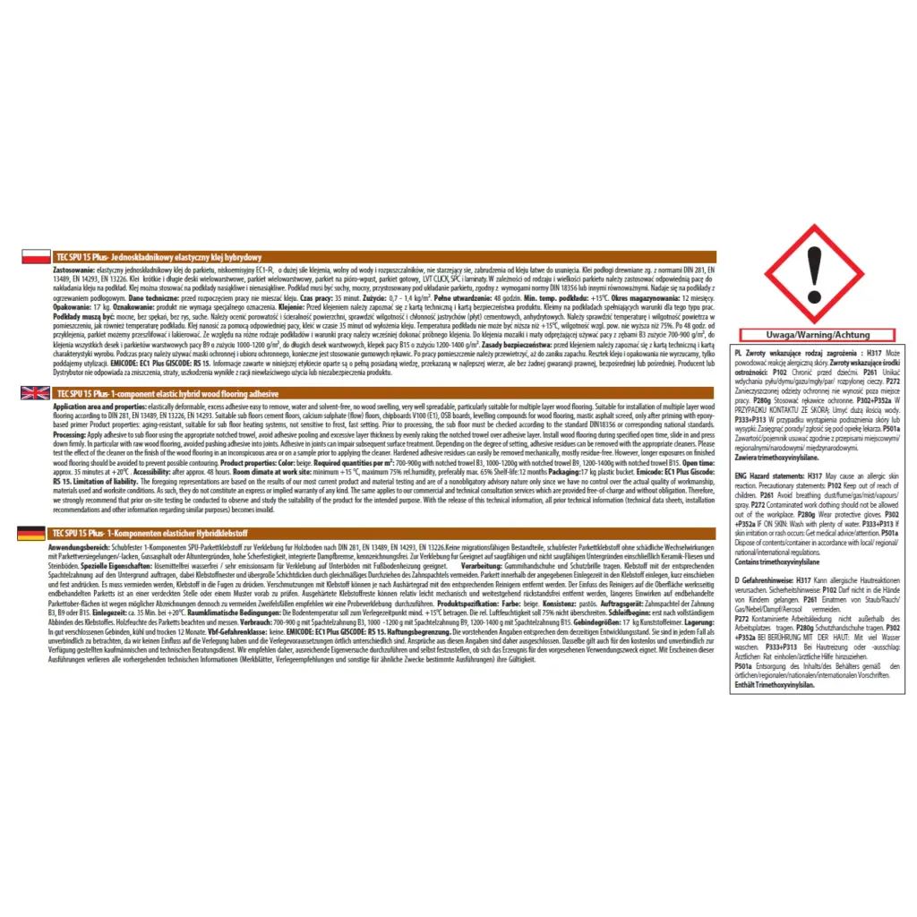 Klej do drewna BauTec TEC SPU 15 PLUS 17kg  BauTec TEC SPU-15P, tec, Klej, Kleje, Bautec