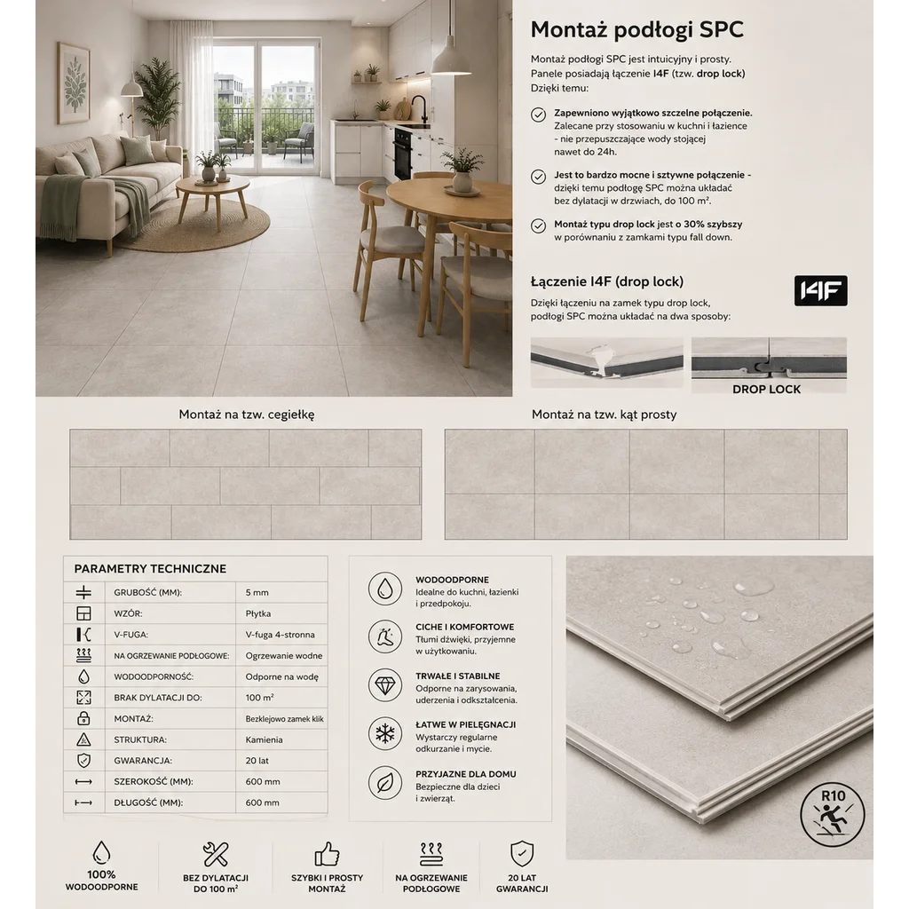 Panele winylowe SPC Concrete Dust 60x60 Beton Matowy 6067231 Klasa 33 5 mm, Panele winylowe, Vilo SPC Floor, Vilo