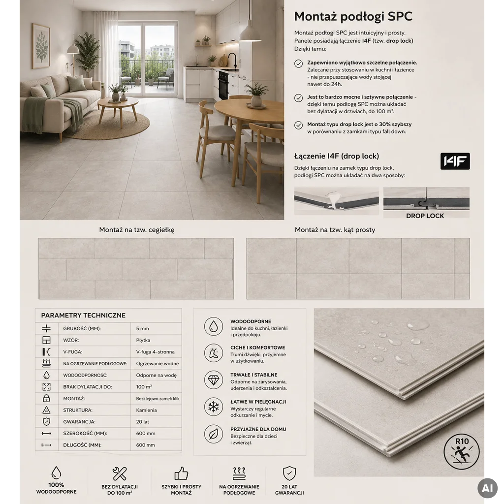 Panele winylowe SPC Concrete Dust 60x60 Beton Matowy 6067231 Klasa 33 5 mm, Panele winylowe, Vilo SPC Floor, Vilo