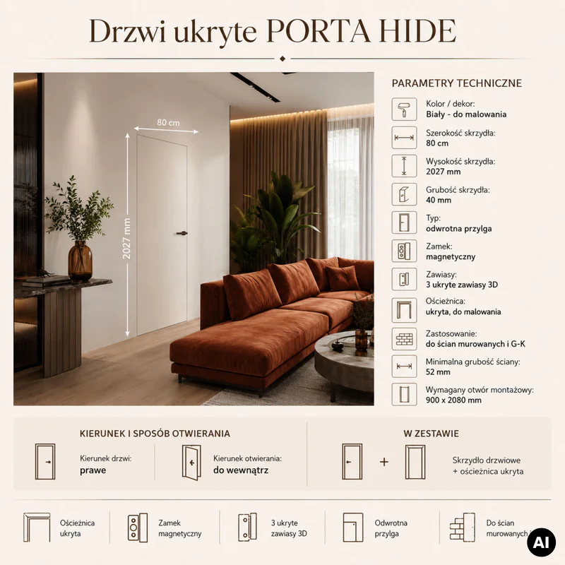 Zestaw Drzwi ukryte + Ościeżnica Porta HIDE Odwrotna przyl