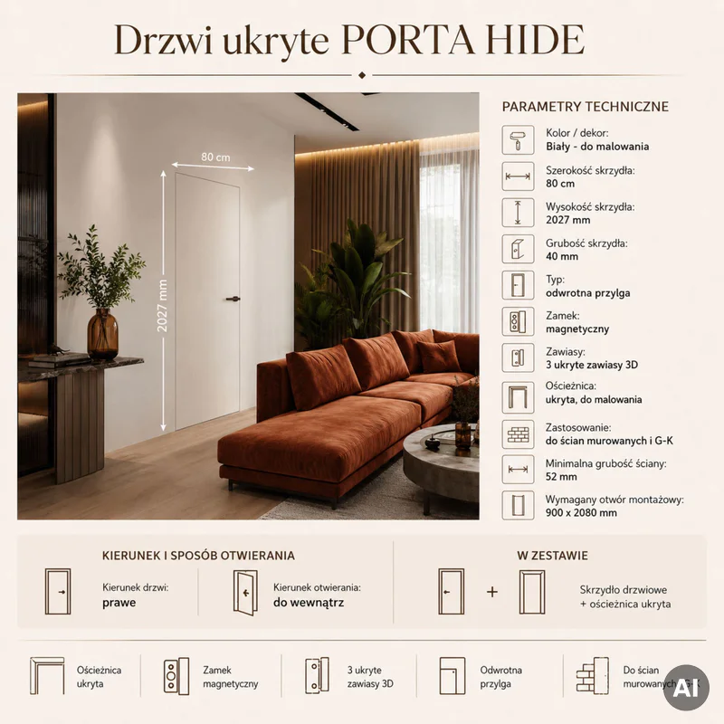 Zestaw Drzwi ukryte + Ościeżnica Porta HIDE Odwrotna przyl