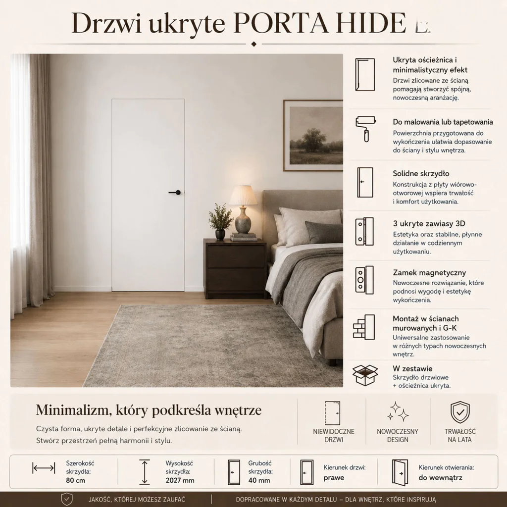 Zestaw Drzwi ukryte + Ościeżnica Porta HIDE Odwrotna przylga (otwierane do wewnątrz) Prawe 80cm płyta, SPP1110P08LBP0A7V0O000, OPP100LP080000AN300000, Zestaw, PORTA HIDE, PORTA
