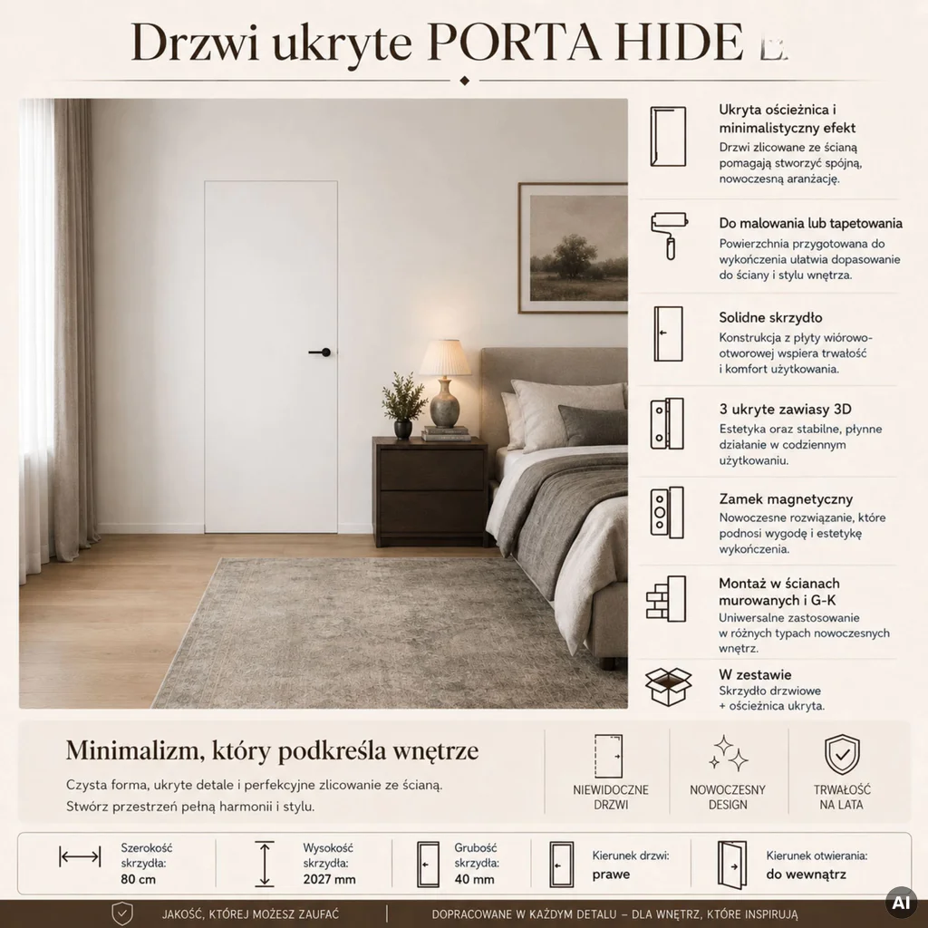 Zestaw Drzwi ukryte + Ościeżnica Porta HIDE Odwrotna przylga (otwierane do wewnątrz) Prawe 80cm płyta, SPP1110P08LBP0A7V0O000, OPP100LP080000AN300000, Zestaw, PORTA HIDE, PORTA