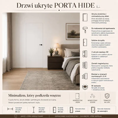 Zestaw Drzwi ukryte + Ościeżnica Porta HIDE Odwrotna przylga (otwierane do wewnątrz) Prawe 80cm płyta, SPP1110P08LBP0A7V0O000, OPP100LP080000AN300000
