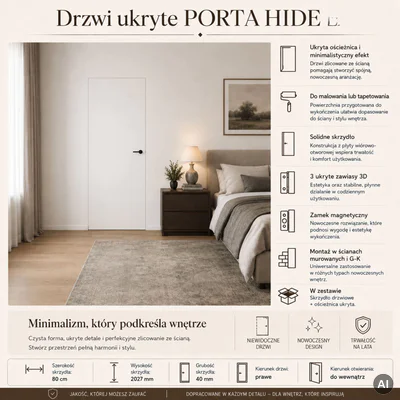 Zestaw Drzwi ukryte + Ościeżnica Porta HIDE Odwrotna przylga (otwierane do wewnątrz) Prawe 80cm płyta, SPP1110P08LBP0A7V0O000, OPP100LP080000AN300000