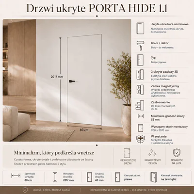 Zestaw Drzwi ukryte + Ościeżnica Porta HIDE Bezprzylgowe (otwierane na zewnątrz) Prawe 80cm płyta, SPA1110P08LBP0A7V0O000, OPA100LP080000AN300000