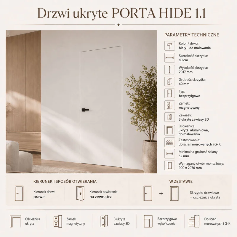 Zestaw Drzwi ukryte + Ościeżnica Porta HIDE Bezprzylgowe (