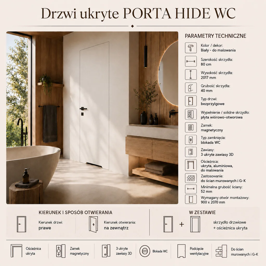 Zestaw Drzwi ukryte + Ościeżnica Porta HIDE WC Bezprzylgowe (otwierane na zewnątrz) Prawe 80cm płyta, SPA1110P08LBPWAYV0O000, OPA100LP080000AN300000, Zestaw, PORTA HIDE, PORTA