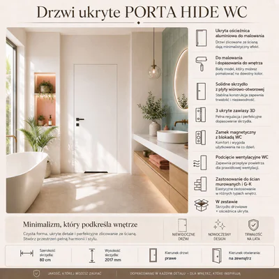 Zestaw Drzwi ukryte + Ościeżnica Porta HIDE WC Bezprzylgowe (otwierane na zewnątrz) Prawe 80cm płyta, SPA1110P08LBPWAYV0O000, OPA100LP080000AN300000