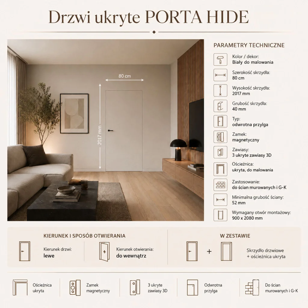 Zestaw Drzwi ukryte + Ościeżnica Porta HIDE Odwrotna przylga (otwierane do wewnątrz) Lewe 80cm płyta, SPP1110L08LBP0A7V0O000, OPP100LL080000AN300000, Zestaw, PORTA HIDE, PORTA
