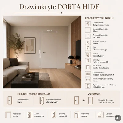 Zestaw Drzwi ukryte + Ościeżnica Porta HIDE Odwrotna przylga (otwierane do wewnątrz) Lewe 80cm płyta, SPP1110L08LBP0A7V0O000, OPP100LL080000AN300000