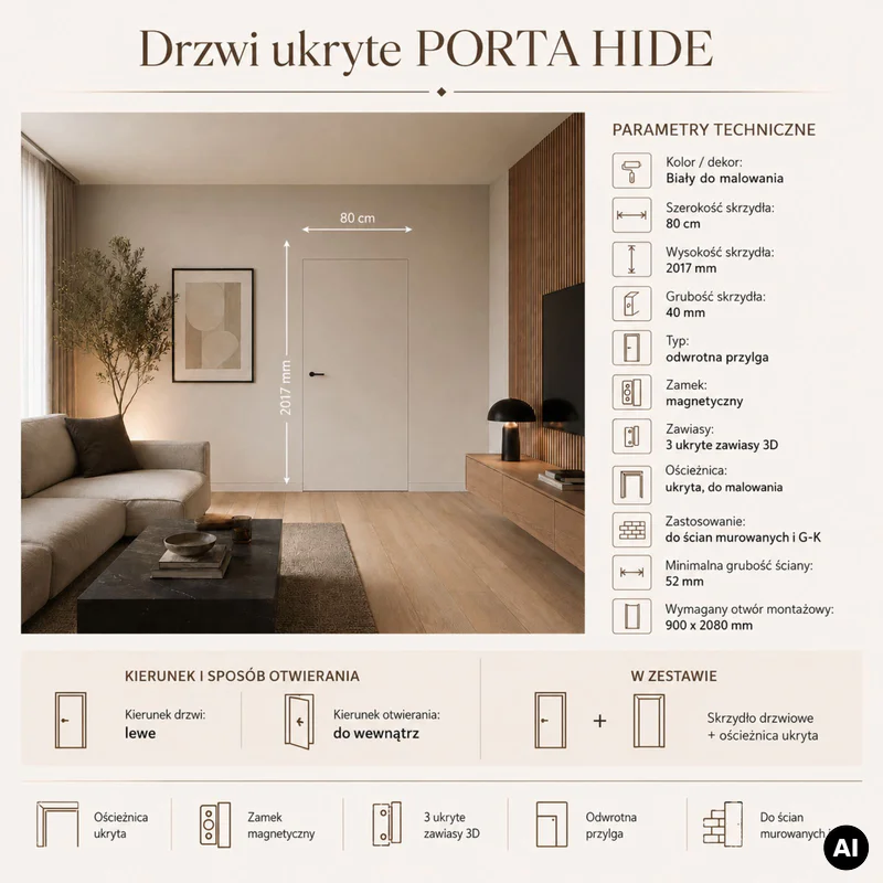 Zestaw Drzwi ukryte + Ościeżnica Porta HIDE Odwrotna przyl