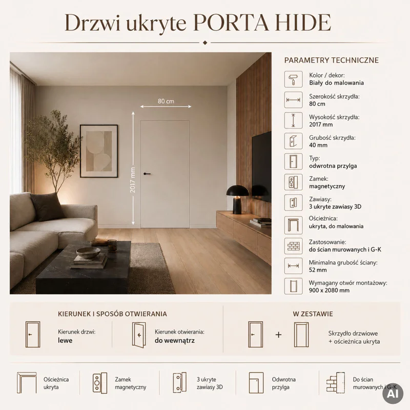 Zestaw Drzwi ukryte + Ościeżnica Porta HIDE Odwrotna przyl