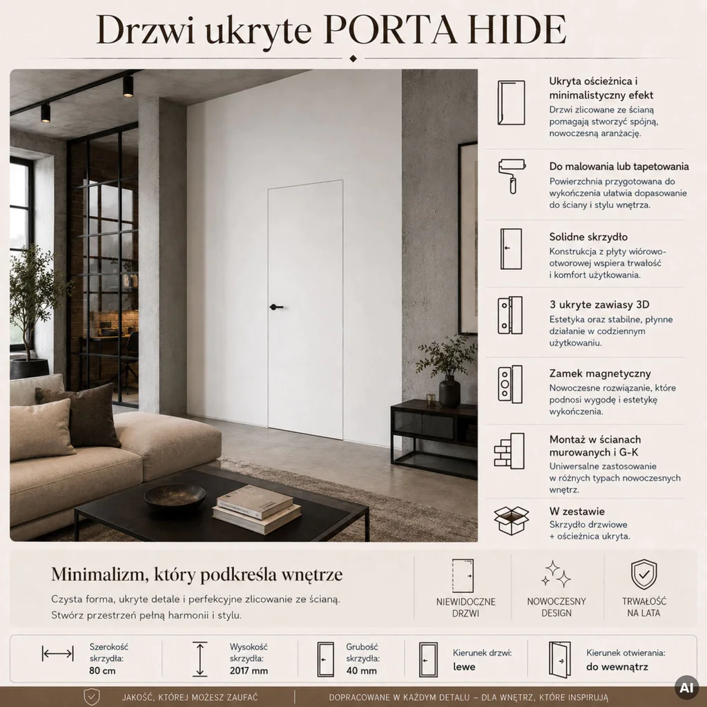 Zestaw Drzwi ukryte + Ościeżnica Porta HIDE Odwrotna przylga (otwierane do wewnątrz) Lewe 80cm płyta, SPP1110L08LBP0A7V0O000, OPP100LL080000AN300000, Zestaw, PORTA HIDE, PORTA