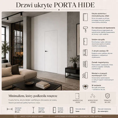 Zestaw Drzwi ukryte + Ościeżnica Porta HIDE Odwrotna przylga (otwierane do wewnątrz) Lewe 80cm płyta, SPP1110L08LBP0A7V0O000, OPP100LL080000AN300000