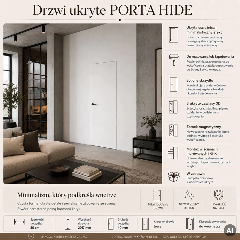 Zestaw Drzwi ukryte + Ościeżnica Porta HIDE Odwrotna przyl