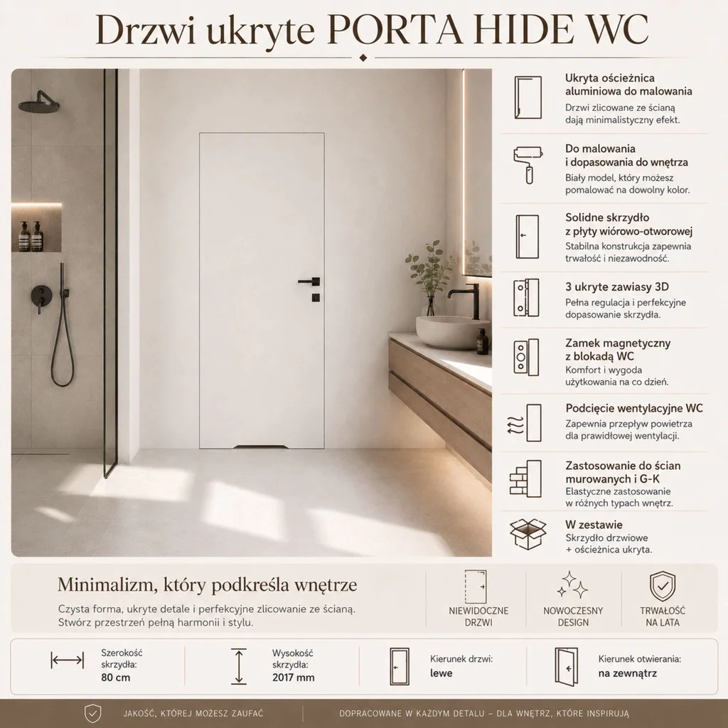 Zestaw Drzwi ukryte + Ościeżnica Porta HIDE WC Bezprzylgowe (otwierane na zewnątrz) Lewe 80cm płyta, SPA1110L08LBPWAYV0O000, OPA100LL080000AN300000, Zestaw, PORTA HIDE, PORTA