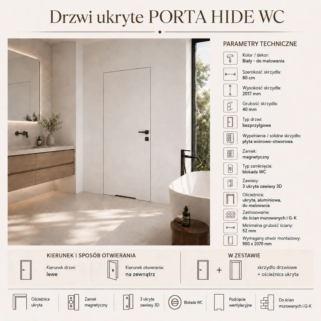 Zestaw Drzwi ukryte + Ościeżnica Porta HIDE WC Bezprzylgowe (otwierane na zewnątrz) Lewe 80cm płyta, SPA1110L08LBPWAYV0O000, OPA100LL080000AN300000, Zestaw, PORTA HIDE, PORTA